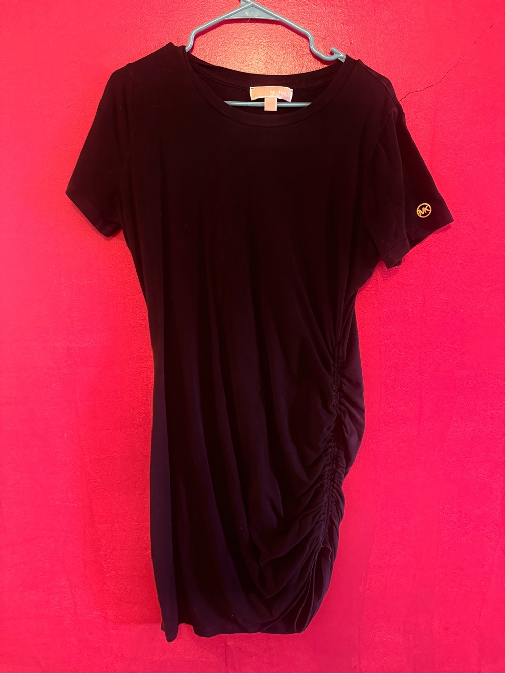 Michael Kors Black Ruched Side Tee Dress with Gold MK Accent